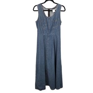 VTG 90 Denim Maxi Dress Button Front Sleeveless Denim XS USA Cottage Western